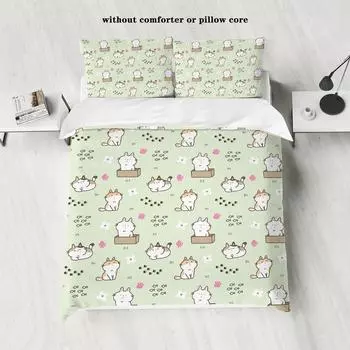 3-piece down duvet cover with green cartoon cat pattern print (1 down duvet cover+2 pillowcases, no core) Soft bedding set 135x200cm-EU-Single