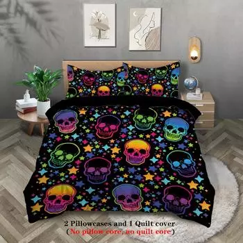 3-piece down duvet cover with skull pattern print (1 duvet cover+2 pillowcases, no core) gradient soft bedding set 135x200cm-EU-Single