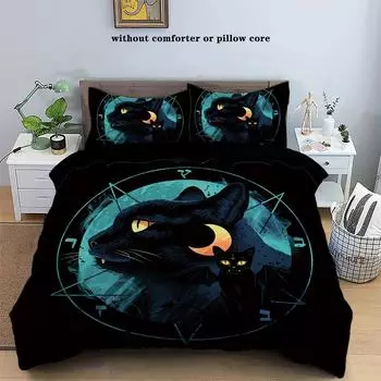 3 Piece Duvet Cover Set With Black Cat Moon Print Pattern (1 Duvet Cover+2 Pillowcases, No Core) Comfortable Bedroom Bedding Set cot size 70x133cm