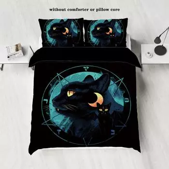 3-piece Halloween Black Cat Pattern Printed Down Duvet Cover (1 piece set+2 pillowcases, no core) Bedding Set 135x200cm-EU-Single