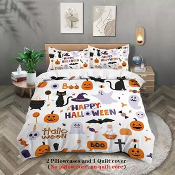 3-piece Halloween themed cute ghost pattern printed down duvet cover (1 piece set+2 pillowcases, no core) couple bedding set 135x200cm-EU-Single