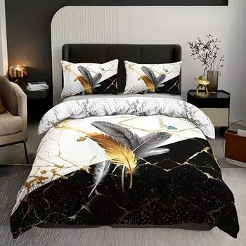3-Piece Luxurious Marble Feather Print Duvet Cover Set - Soft, Breathable, and Comfortable Bedding for All Seasons EU Single 135x200cm