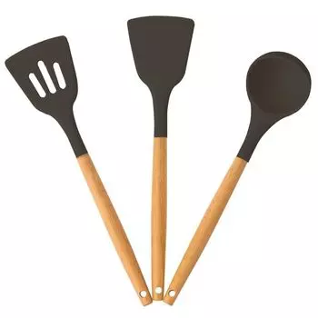3-Piece Non-Stick Silicone Kitchen Utensils Set With Wooden Handle - Heat Resistant Cooking Spatula Cookware (Black) чёрный