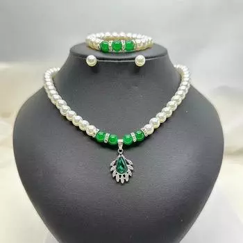 3-Piece Pearl Earrings Bracelet Necklace Green Drop Pendant Short Choker