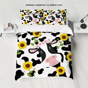 3-piece rural farm style cow flower pattern printed down duvet cover (1 duvet cover+2 pillowcases, no core) bedding set 135x200cm-EU-Single