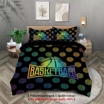 3-piece set, colorful basketball pattern printed duvet set, queen, king, double bed, party funny and creative bedding set 135x200cm-EU-Single