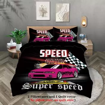 3-piece set, cool racing car pattern printed duvet set, queen, king, double bed, party funny and creative bedding set 135x200cm-EU-Single