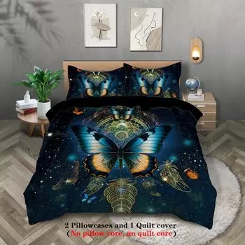 3-piece set, glowing butterfly and dream catcher pattern printed duvet set, queen, king, double bed, for bedroom, guestroom 135x200cm-EU-Single