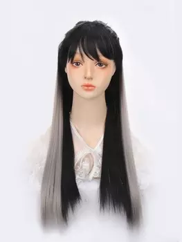 Комплект из 3 предметов черного цвета с двумя прядями белого чайно-серого цвета, длинные прямые пряди волос 24inch