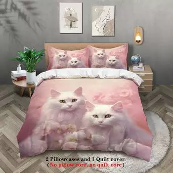 3-piece set of cute white cat pattern print (1 duvet cover+2 pillowcases, no core) comfortable bedding set 135x200cm-EU-Single