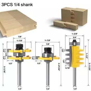 3-Piece Set Of Tenon Knives, Puzzle Knives, Three-Tooth T-Shaped Tenon Knives, Cone-Toothed Tenon Knives, Floor Knives, Woodworking 3-piece set of 3 teeth + cone tooth 1/4 handle