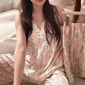 Комплект из 3 предметов: женская летняя пижама с V-образным вырезом, подтяжки, шорты без рукавов, брюки для женщин, домашняя одежда в стиле ретро с рваными краями, одежда M