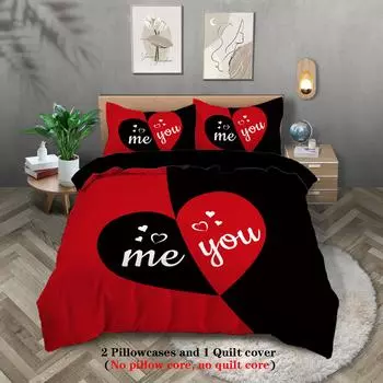 3-piece Set, Red and Black ME and YOU Letters Pattern Printed Bedding Set, for Bedroom, Hotels, Queen, King, Double Bed 135x200cm-EU-Single