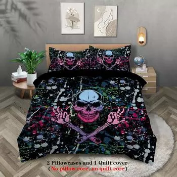 3-piece set, skull gestures pattern printed duvet set, queen, king, double bed, party funny and creative bedding set 135x200cm-EU-Single