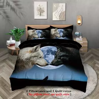 3-piece set, wolf pattern printed bedding set, queen, king, double bed, for bedroom, guestroom, hotel, home decoration 135x200cm-EU-Single