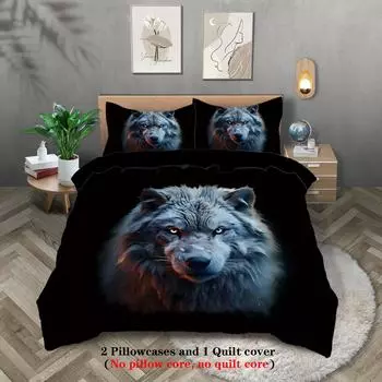 3-piece set, wolf pattern printed bedding set, queen, king, double bed, for bedroom, guestroom, hotel, home decoration 135x200cm-EU-Single