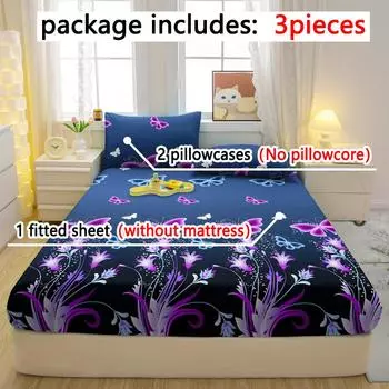 3-Piece Simple Modern Butterfly Pattern Matte Three Piece Fitted Sheet Set, Bedroom Printed Bed Cover Set, Bedding 90x200cm
