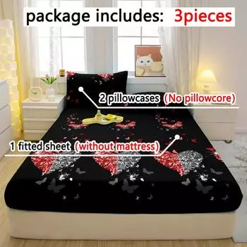 3-Piece Simple Modern Heart-Shaped Butterfly Pattern Matte Three Piece Fitted Sheet Set, Bedroom Printed Bed Cover Set, Bedding 90x200cm