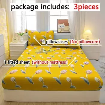3-Piece Simple Modern Plant Flower Pattern Matte Three Piece Fitted Sheet Set, Bedroom Printed Bed Cover Set, Bedding 90x200cm