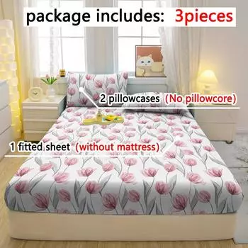 3-Piece Simple Modern Plant Flower Pattern Matte Three Piece Fitted Sheet Set, Bedroom Printed Bed Cover Set, Bedding 90x200cm
