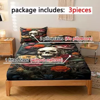 3-Piece Simple Modern Skull Animal Pattern Digital Printing Three Piece Fitted Sheet Set, Bedroom Printed Bed Cover Set, Bedding 99x190cm