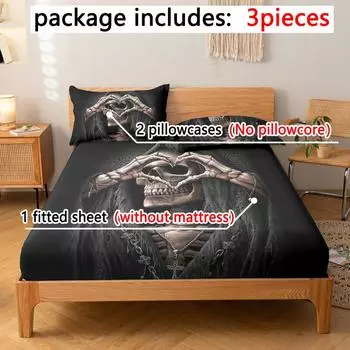 3-Piece Simple Modern Skull Animal Pattern Digital Printing Three Piece Fitted Sheet Set, Bedroom Printed Bed Cover Set, Bedding 99x190cm