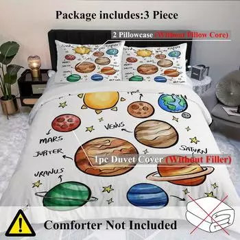 3-Piece Solar System Planets Print Duvet Cover Set - All-Season Polyester Bedding with 1 Comforter Cover and 2 Pillowcases, Mach EU Single 135x200cm