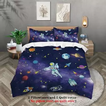 3-piece Starry Sky, Space Planet, Astronaut Pattern Print (1 duvet cover+2 pillowcases, no core) Comfortable Bedding Set 135x200cm-EU-Single