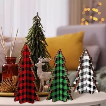 3 Pieces Christmas Decor Plaid Christmas Tree Decorations Set Of, 3D Wooden Tabletop Trees, 5.5 Inch Height, Holiday Home Decor (Plaid Style) One Size