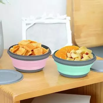 3 Pieces Portable Silicone Folding Lunch Box Bowl Sets with Lid Foldable Salad Bowl Picnic Camping Tableware Set