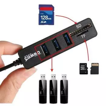 3-портовый концентратор USB 2.0 с устройством быстрого чтения SD и TF, многофункциональный разветвитель USB на 3 2 USB-кабеля, адаптер для ПК с возможностью горячей замены и горячей заменой чёрный