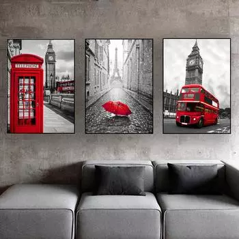 3 предмета Life Wall Art Лондон Красная телефонная будка Автобусный зонтик Печать на холсте Черно-белые фотографии города для дома Современное украшение Декор для гостиной 3 шт. 20x30cm No Frame-1 белый