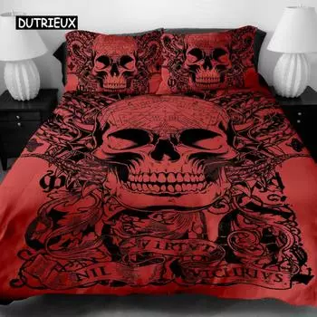 3 предмета мягкий роскошный молодежный 100% полиэстер оболочка, 3 предмета современный цветок череп пододеяльник комплект королевского размера красный без одеяла EU single(135x200cm)