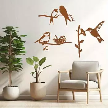 3 предмета настенного декора в виде силуэта птицы из металла. Металлические статуэтки птиц на ветке. Добавьте естественной красоты в дом. темные хаки