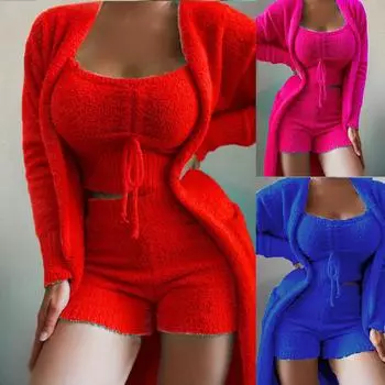 3 предмета однотонной пижамы женские осенние бархатные кружевные укороченные топы шорты костюм кардиганы пальто модные удобные пижамы шорты комплекты S белый