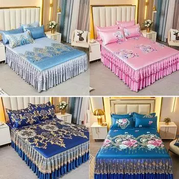 3 предмета постельных принадлежностей, классическое кружевное королевское синее покрывало, юбка, можно стирать в машине, с резинкой для простыней королевского размера, кровати 3 pcs 150x200cm