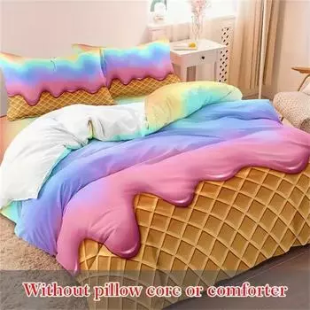 3 предмета Яркий Радужный Вафельный Рожок Мороженого Комплект Пододеяльников - Мягкое, Дышащее и Удобное Постельное Белье для Спальни, Общежития cot size 70x133cm