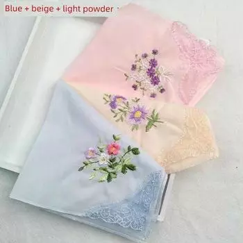 3-предметный вышитый хлопковый носовой платок с маленьким кружевом Blue + beige + light powder