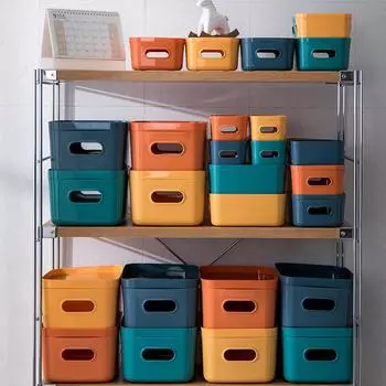 3-размерные пластиковые коробки для хранения всякой всячины с крышкой для дома, ванной комнаты, органайзер для шкафа, настольная корзина для хранения косметики, игрушек, закусок средний синий