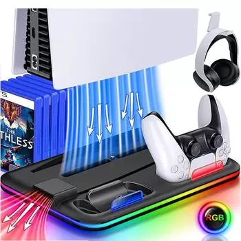 3-режимный светодиодный охлаждающий вентилятор, зарядная док-станция для подставки PS5, 2 контроллера, зарядная док-станция для Sony Playstation 5 Disc/цифровой RGB крутой свет чёрный