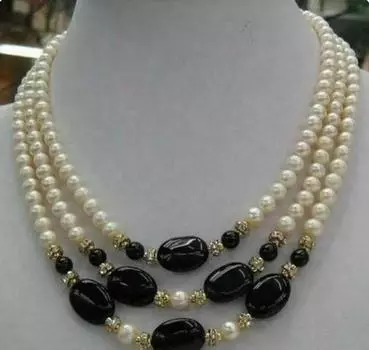 3 ряда красивого ожерелья с белым жемчугом и черным агатом диаметром 7–8 мм, 17–19 дюймов