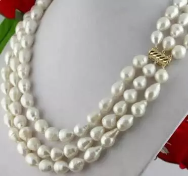 3-рядная застежка ожерелья с белым пресноводным жемчугом 9-10 мм