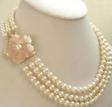 3-рядное ожерелье из натурального белого жемчуга с покрытием из белого золота и ракушек с цветочной застежкой