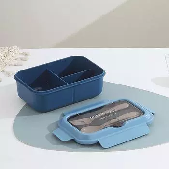 3-секционный однослойный двухслойный ланч-бокс, портативный, с отделениями, для фруктов и еды, для микроволновой печи, ланч-бокс с вилкой и ложкой, для пикника, свежий 1 синий