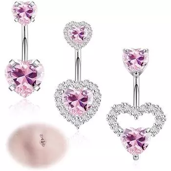 3 шт 14G 316L нержавеющая сталь пупка кольца для женщин милые двойные сердечки пупка кольца розовые фианиты пупок пирсинг ювелирные изделия серебряный