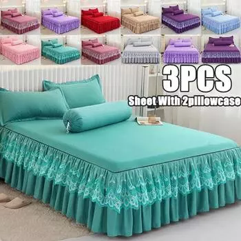 3 шт./1 комплект постельного белья, простыня с наволочками, однотонное хлопковое постельное белье, кружевное покрывало принцессы, противоскользящая юбка-кровать 100x200cm 3PCS