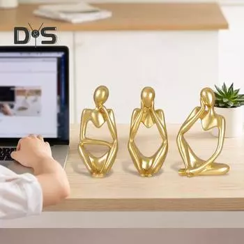 3 шт. абстрактная фигурка мыслителя, мини-статуэтка сидящего мыслителя из смолы, скульптура для гостиной, домашнего офиса, книжной полки, украшения для рабочего стола золотистый