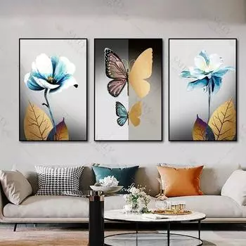 3 шт., абстрактная Золотая бабочка, цветок, холст, картина, современное украшение для спальни, настенная художественная картина для гостиной, геометрический принт r 20x30cm no frame синий