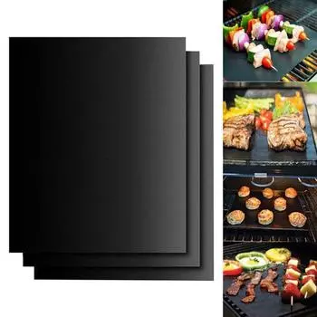 3 шт. антипригарный коврик для гриля, многоразовые подушечки для гриля для барбекю, легко чистящиеся складные коврики для барбекю 40x33 см для пикника на открытом воздухе чёрный