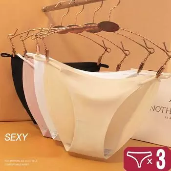 3 шт. бесшовное нижнее белье из ледяного шелка для женщин, тонкие бесследные сексуальные трусики с низкой посадкой, трусики из чистого хлопка с нижней промежностью, бикини M
